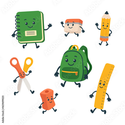 Cuadro en lienzo Cute cartoon school supplies characters set, flat vector illustration