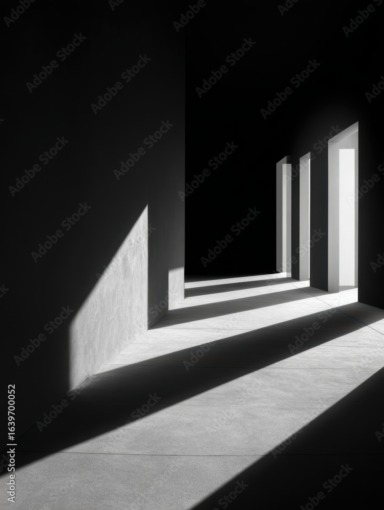 Obraz premium Minimalist interior with contrasting light and shadows highlighting doorways in a dark space