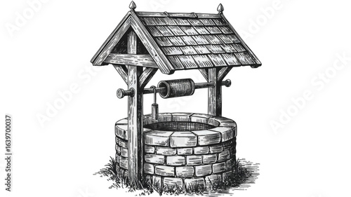 A vintage hand-drawn illustration of a classic stone wishing well