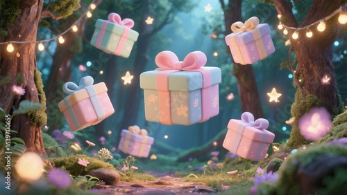 Whimsical Forest with Floating Gift Boxes in Soft Pastel Colors and Magical Lighting