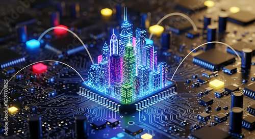 Digital Cityscape: A stunning 3D rendered cityscape comes to life, interconnected through digital pathways on a complex circuit board, representing the ever-evolving concept of the smart city.