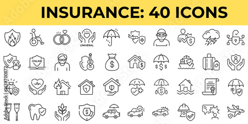 Insurance related icons in black line style for various services  