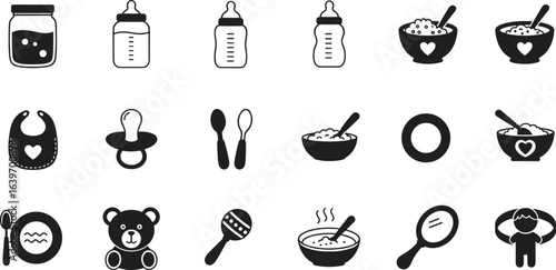 Baby feeding icons, milk bottle vector, baby food bowl, pacifier clipart, baby spoon, bib, baby jar, teddy toy, baby care set illustration