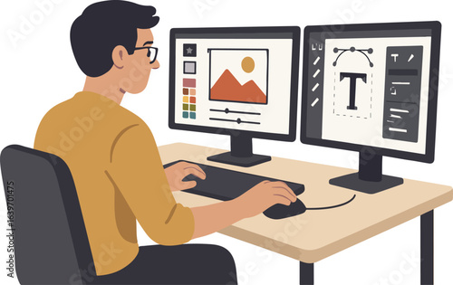 Designer working on a dual-monitor setup Illustration
