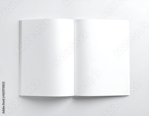Top-down view of an open blank white book or magazine with empty pages, offering clean copy space for text or design, against a simple white background for a minimalist mockup.