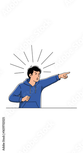 Young man in a blue hoodie pointing with an angry expression and radiating lines from his head