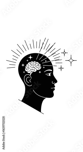 Illustration of the human brain and mind radiating light and cosmic stars symbolizing consciousness and enlightenment