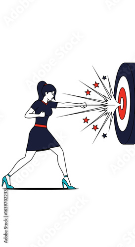 Dynamic woman fiercely punching target demonstrating powerful aim and unwavering determination in achieving business objectives