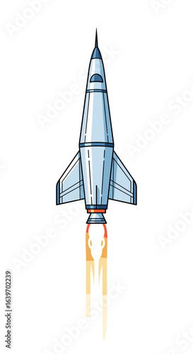 A high-tech spacecraft ascending into the atmosphere with powerful exhaust flames propelling it upwards towards the stars