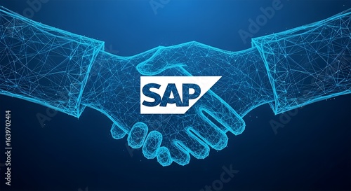 Digital handshake formed by glowing blue lines with sap logo symbolizing business partnership and technology integration