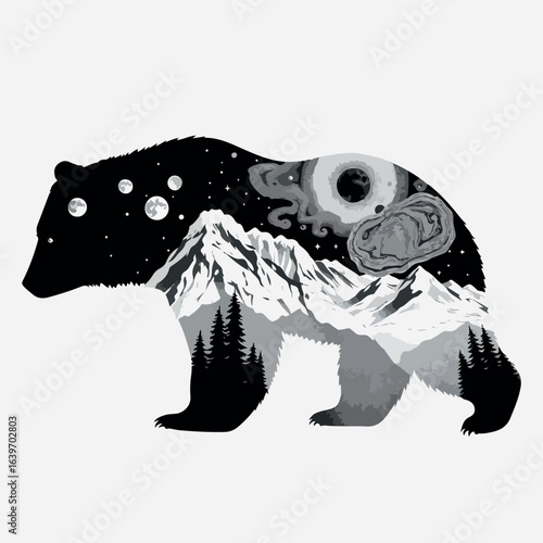 Silhouette of a bear with mountain and forest landscape, ideal for adventure and wildlife-themed designs