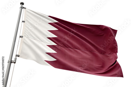 Flag of Qatar waving on a flagpole, isolated on a white background.