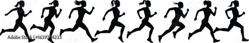 Running motion silhouette sequence, eight dynamic poses, athlete movement, sports biomechanics, jogging phases, human motion study, vector illustration