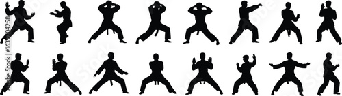 Martial arts silhouette pose collection, sixteen dynamic stances, offensive and defensive techniques, combat training, self defense, vector illustration