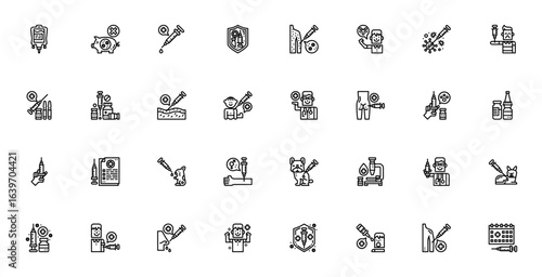 Vaccines icon set. Medical vector illustration. Includes syringe, shield, virus, animal vaccine, doctor, immunization, and more. Editable stroke design.