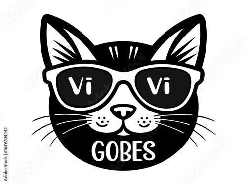 Cool black cat wearing sunglasses with gobes text
