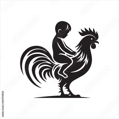Silhouette of a baby riding a rooster a symbolic representation of childhood.