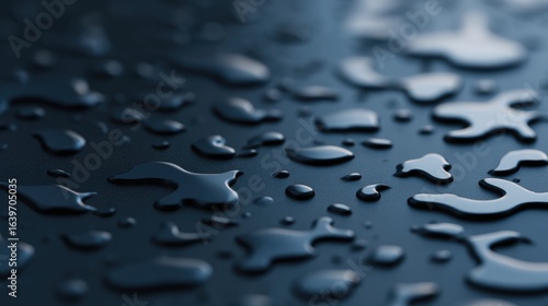 Close-up view of water droplets on a dark surface, highlighting reflections and textures in the background