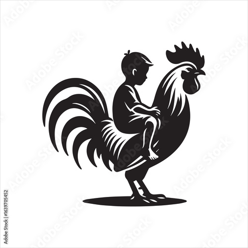 Silhouette of a Child Riding a Rooster Symbolic and Playful Imagery.