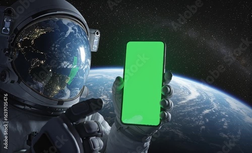 Astronaut in space holding a smartphone with a green screen for mockup