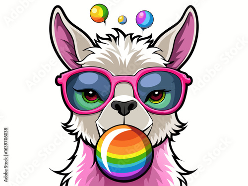 Cool llama wearing pink sunglasses chewing a rainbow bubble gum