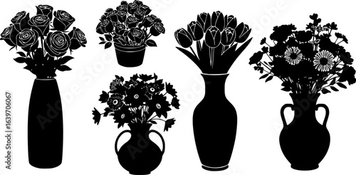 various flower arrangements in vases, silhouettes, stark contrast, simplistic composition, vector art style