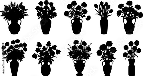 various flower arrangements in vases, silhouettes, stark contrast, simplistic composition, vector art style
