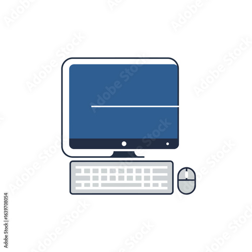 A modern flat icon for an electronics store. It combines a monitor, keyboard, and mouse, symbolizing a complete, efficient desktop computing system