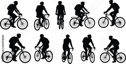Cyclist silhouettes bundle, bike riding people, outdoor cycling, urban commuters, riding bicycle clipart, backpack riders, road bike vector, cycling illustration, silhouette icons