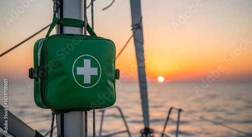 Essential first aid kit secured on sailboat mast against a vibrant sunset over calm ocean waters