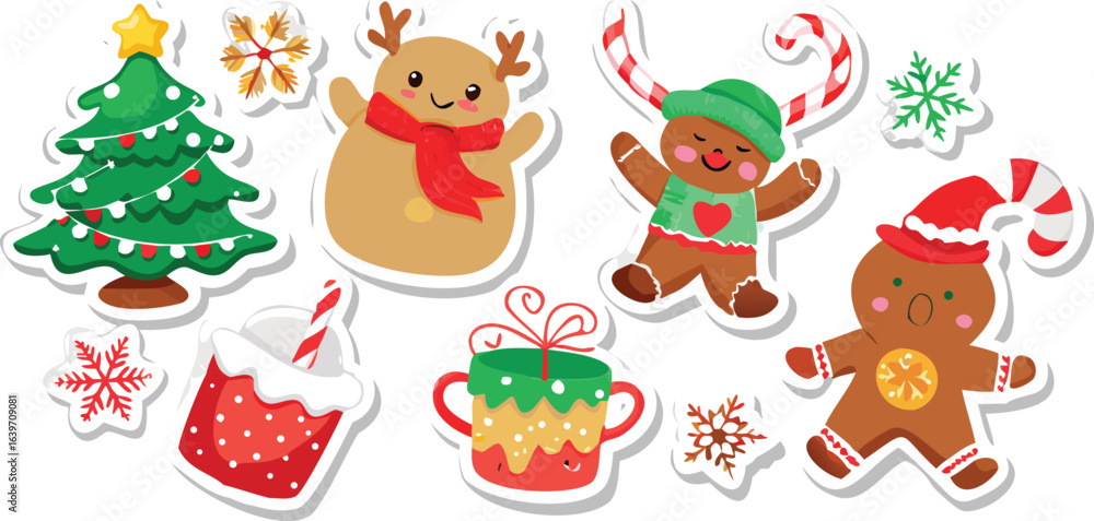 Naklejka premium Cute set of Christmas and New Year celebration vector icons with Santa Claus, snowman, gift, tree, and other holiday decorations
