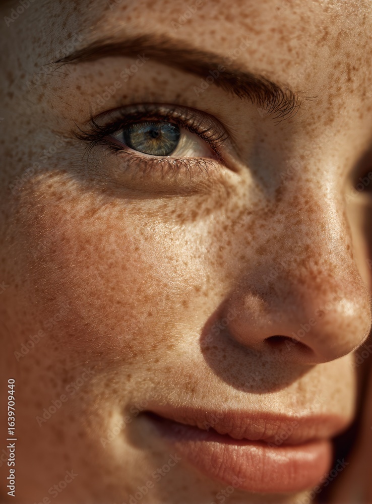 Naklejka premium Close-up shot of a person's face, emphasizing the eye, nose, and lips, with a focus on the skin's texture and the play of light and shadow across the features.