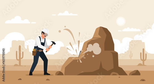 A builder working at construction site, breaking a rock in desert landscape