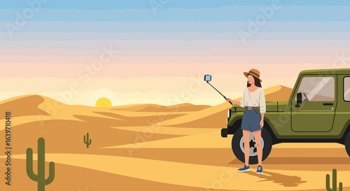 Adventurous woman capturing desert memories with her camera and off-road vehicle