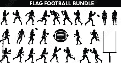 Flag football bundle, football silhouettes, players running, throwing ball, team sport icons, American football vector, football clipart, touchdown pose, kids football graphics
