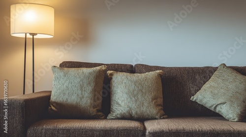 A contemporary sofa with textured pillows in a minimalist living space, creating a cozy and inviting atmosphere.