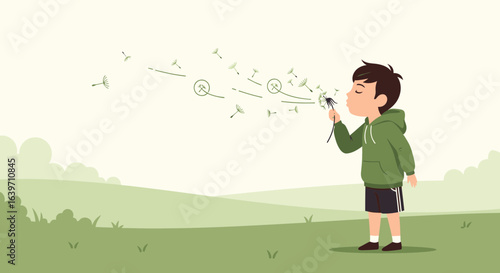 Boy blowing dandelion seeds in a field illustration, embracing nature
