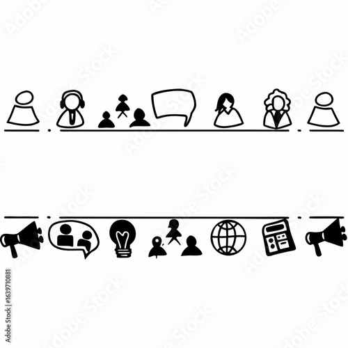 Collection of simple black and white icons representing business communication teamwork ideas global reach and financial management
