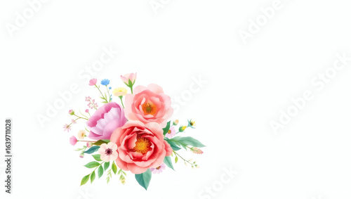 A delicate watercolor illustration of a floral bouquet with pink and peach flowers, perfect for a romantic corner design element.