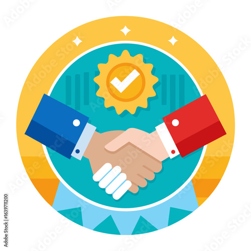 Two business people shaking hands in agreement with a checkmark badge signifying success and partnership