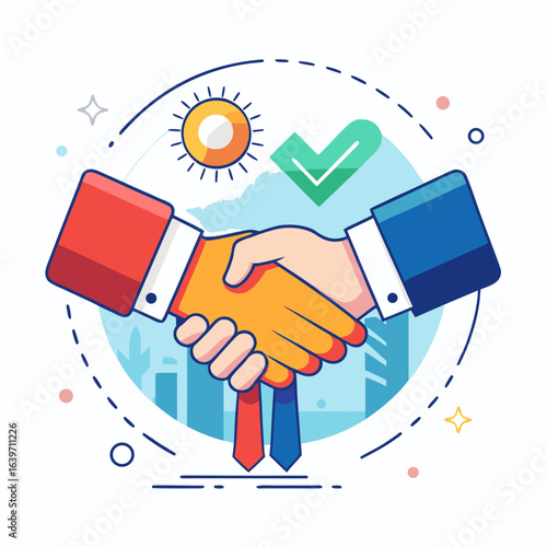 Two businessmen shaking hands in agreement with a checkmark and sun symbolizing success and partnership