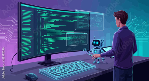 Artificial intelligence coder with robot assistant examining source code