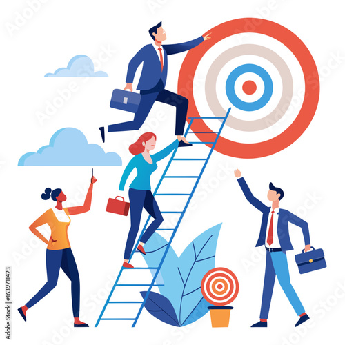 Diverse business team collaborates to climb ladder and reach bullseye target representing success and achievement