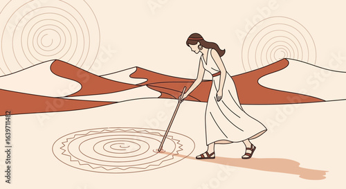 Conceptual artwork presenting a female figure drawing in a sandy desert