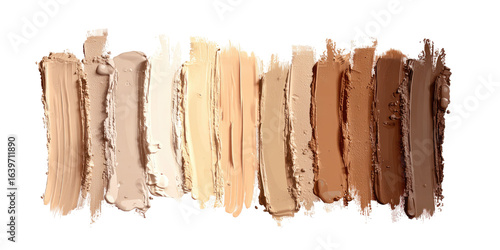 A variety of foundation shades displayed in smeared swatches