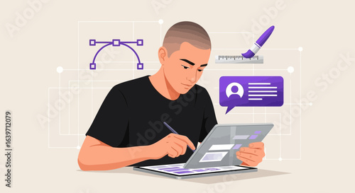 Creative young man developing design on his tablet for his project