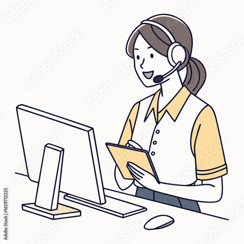 A smiling woman wearing a headset and holding a tablet while working at a computer in a simple line art style