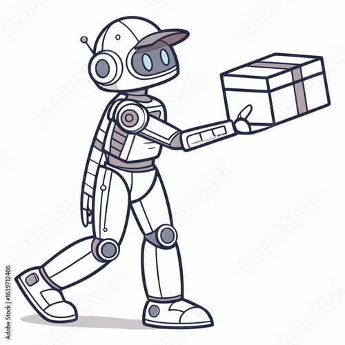 Friendly cartoon robot wearing a baseball cap delivering a wrapped gift box with a smile