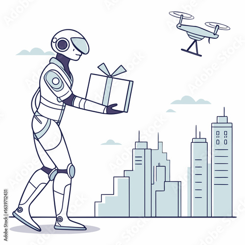 Futuristic robot delivering a gift box with a drone flying overhead in a modern city skyline background