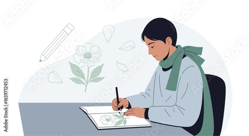 Creative pursuit of a young man drawing floral composition in a sketchbook